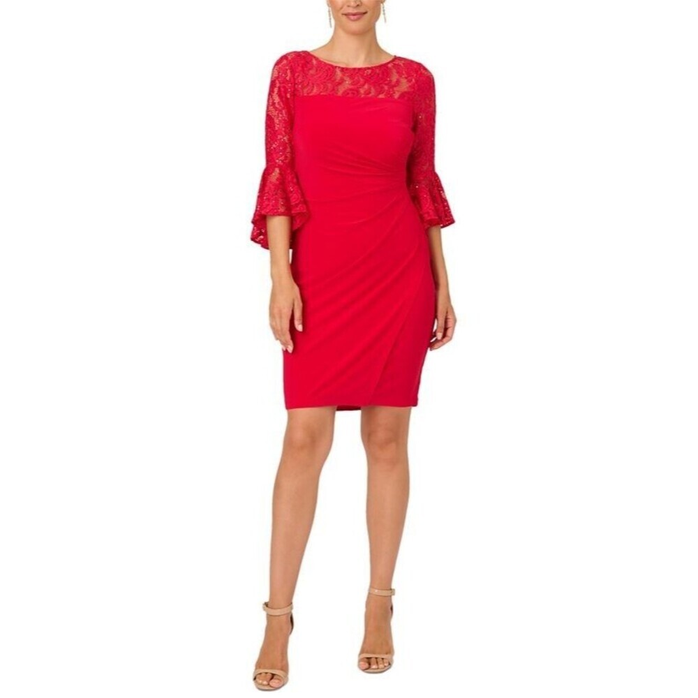 Adrianna Papell Women's Lace-Trim 3/4 Bell-Sleeve Jersey Dress Ruby Red Size 8